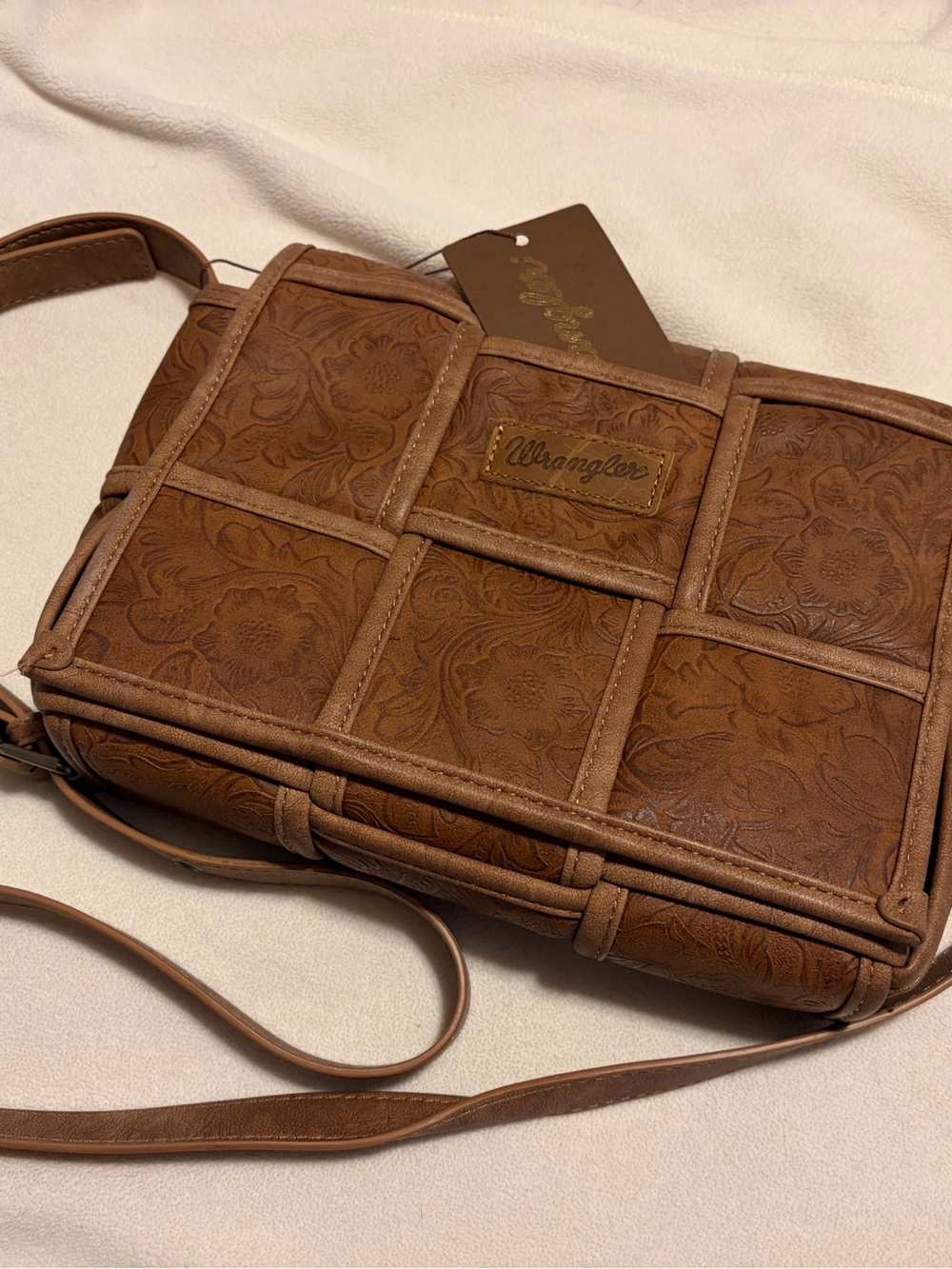 NWT Wrangler Tan Floral-Embossed Patchwork Crossbody Bag